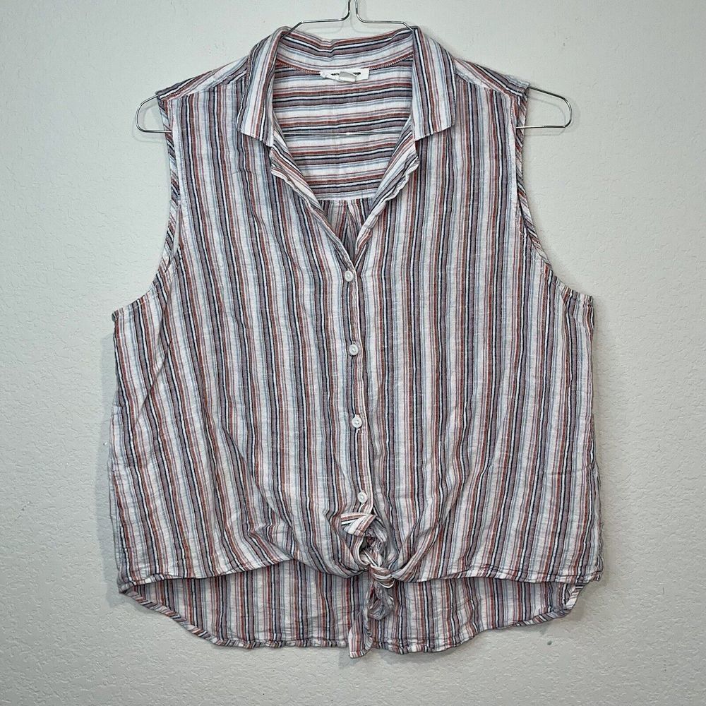 Beach Lunch Lounge Button Down Shirt Sleeveless Striped Size XL Tie Front